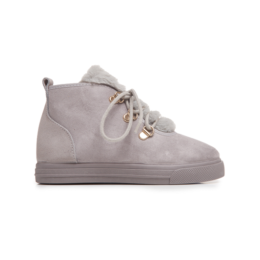 Suede Lace-Up Booties with Faux-Fur in Grey