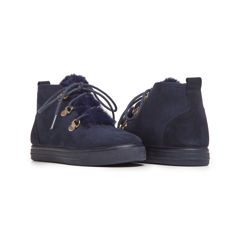 Suede Lace-Up Booties with Faux-Fur in Navy