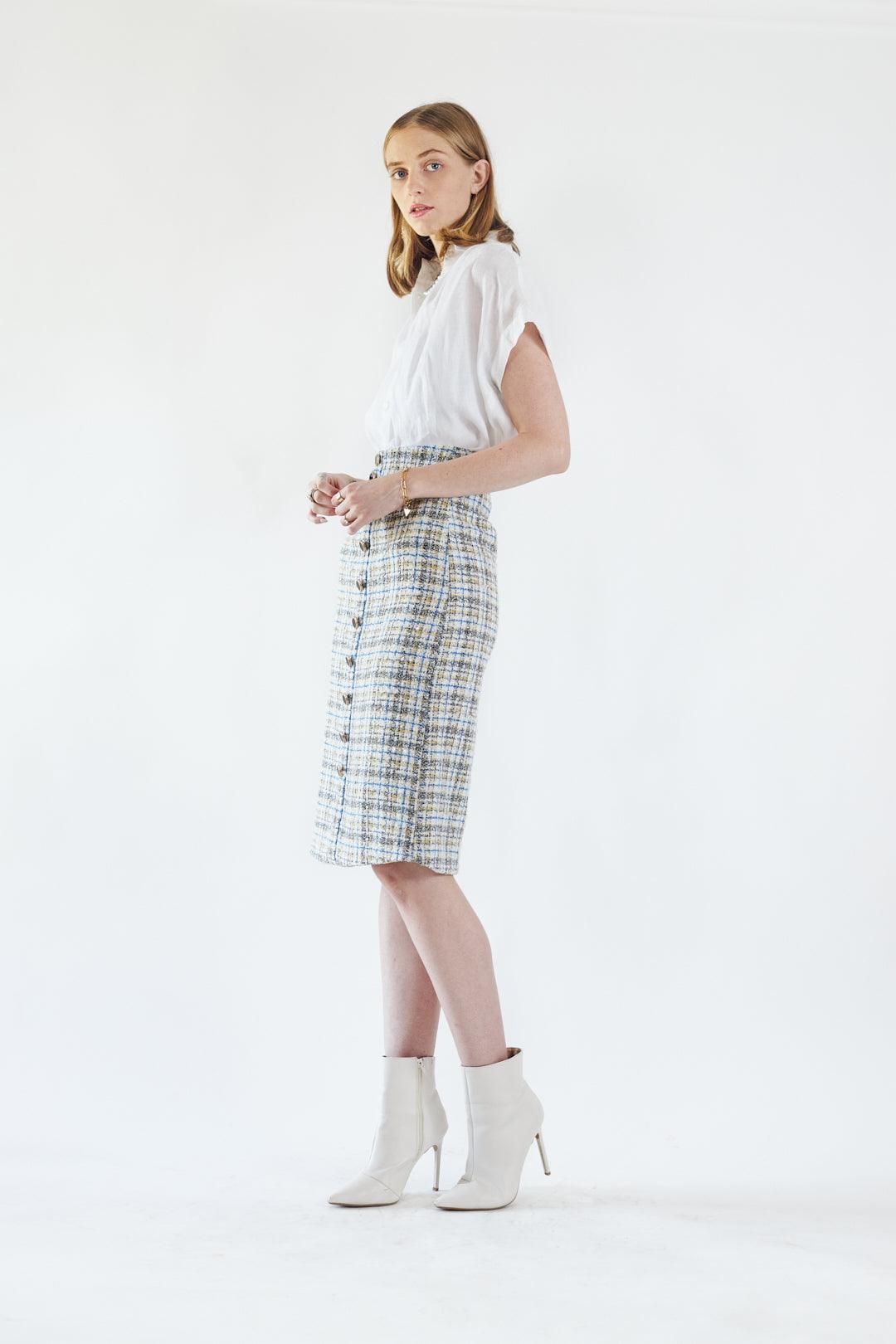 Luxe Plaid Tweed Pencil Skirt