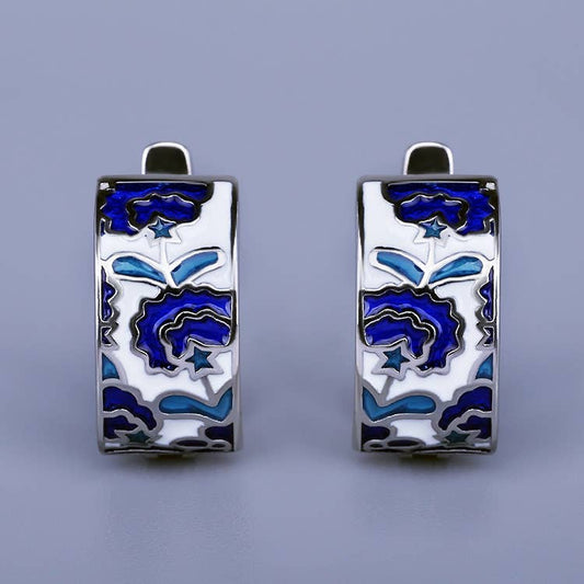 Chinese Style Blue Enamel Stud Earrings