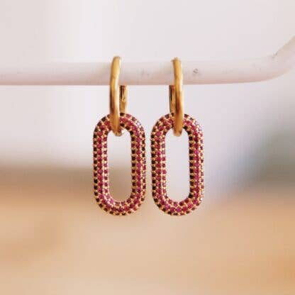 Stainless steel earring with oval crystal pendant - pink