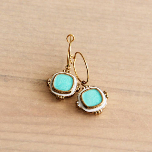 Stainless steel fine earring with square charm - mint/gold