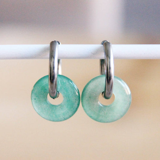 Stainless Steel Earring With Round Natural Stone - Silver